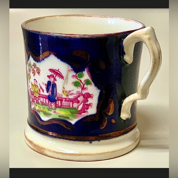 Gaudy Welsh Cobalt Blue Pink Lustre Chinoiserie Child’s Cup Mug - Picture 4 of 10
